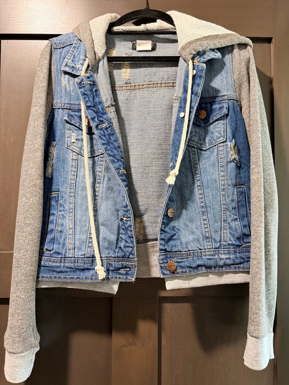 VENUS Light Blue Distressed Denim Jacket with Cream Hoodie Trim